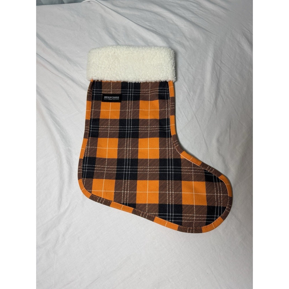 Beefcake Jerky Orange Plaid Christmas Stocking Advertising Redneck Unique